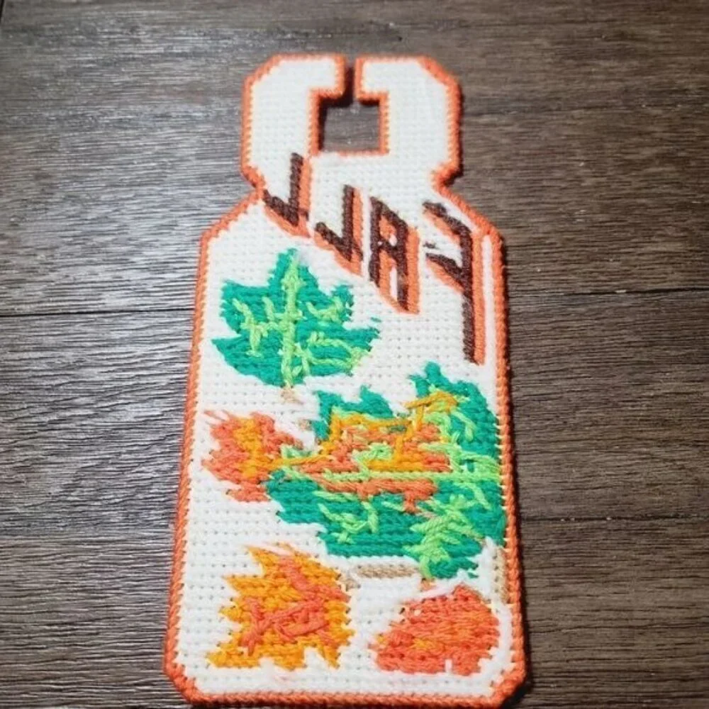 Vintage MCM Needlepoint Fall Leaves Plastic Door Hanger Orange Brown Retro